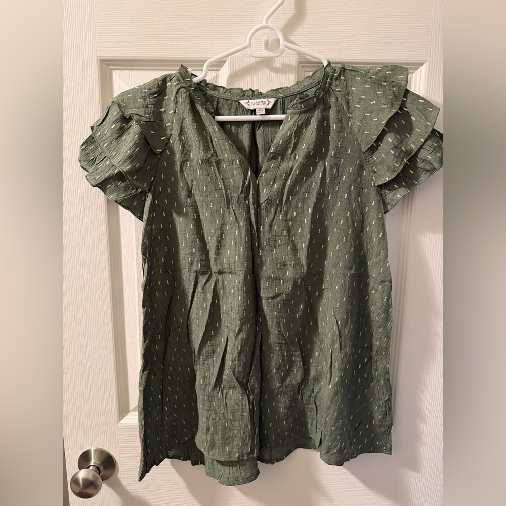 Nanette Lepore Olive Blouse with Gold Dots